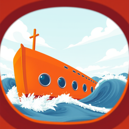 Create a high-resolution illustration of an orange boat with circular windows navigating through stylized waves, captured from a low angle using a DSLR camera with a focal length of 50mm, aperture set to f/8, ISO 100, and a shallow depth of field for enhanced image quality.