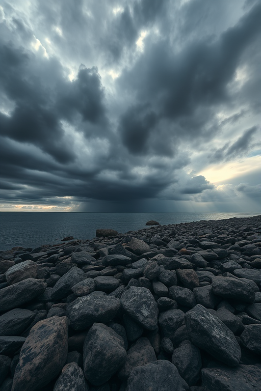 A rocky shoreline under a dark, cloudy sky with sunlight breaking through the clouds, captured with a Canon EOS R5 at f/8, 1/200s, ISO 100, wide-angle view, and a landscape photography style for enhanced detail and depth.