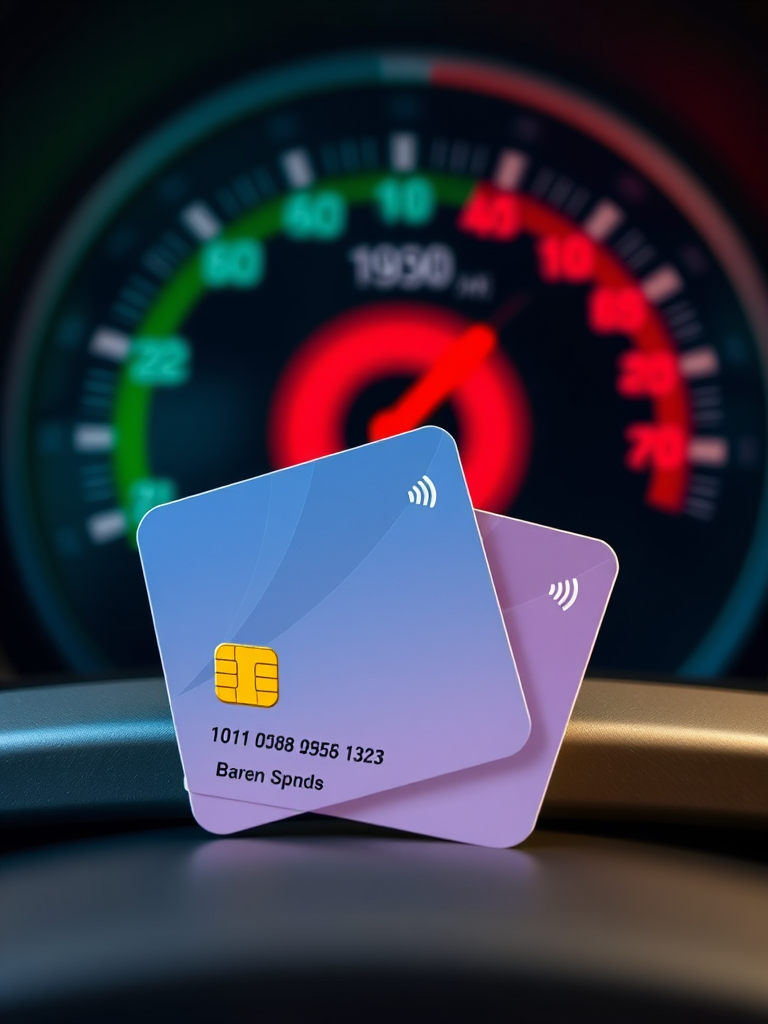 Create an illustration of two stylized bank cards with a colorful speedometer in the background, using a Canon EOS R5 camera, 50mm lens, f/2.8 aperture, ISO 100, and soft natural lighting.
