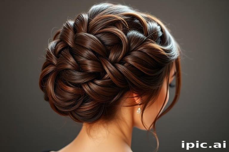 Luscious chocolate brown locks styled in the "Velvet Dream" updo, intricate braided crown encircling head, soft curls pinned artfully at nape, wispy tendrils escaping to frame face, rich mahogany lowlights adding depth, glossy finish enhancing natural shine