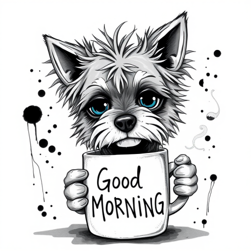A quirky, artistic illustration of a disheveled chinaranian dog breed with exaggerated, large eyes and spiky fur, holding a coffee mug that reads "Good Morning". The dog has a tired but humorous expression, with ink splatters and abstract details surrounding it, giving a whimsical feel to the image. The color palette is mostly monochrome with hints of blue in the eyes and steam rising from the mug, enhancing the overall sleepy vibe