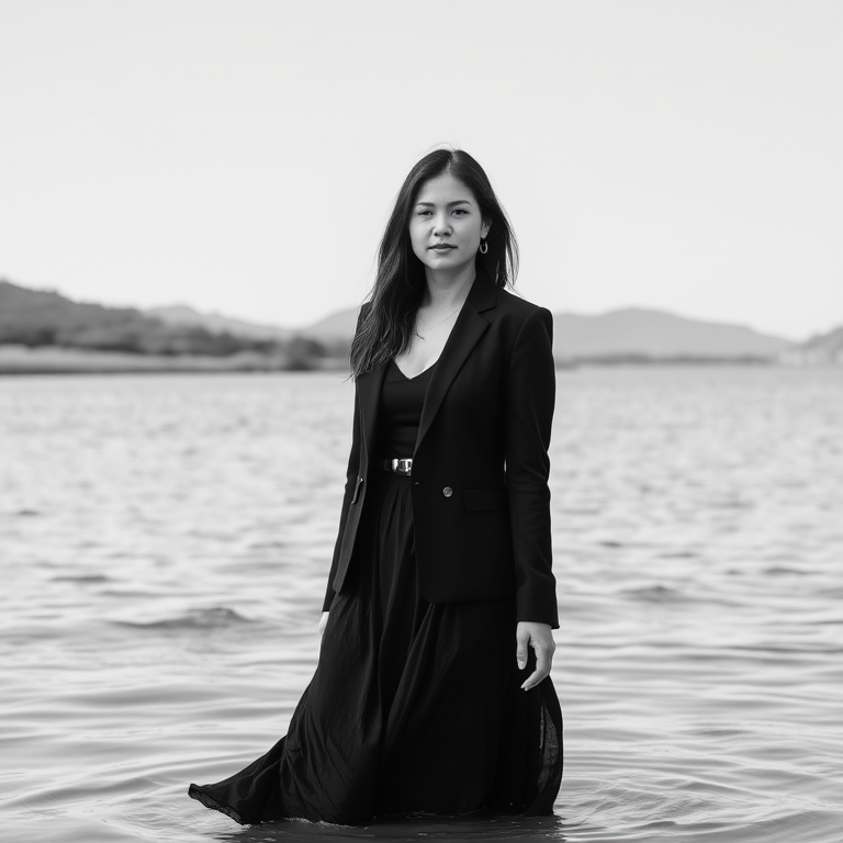 a woman standing in a body of water, wearing a black blazer and a flowing skirt, in black and white, with natural scenery in the background and a calm expression