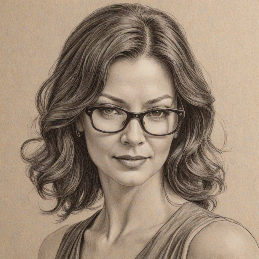 Fetching Catherine Zeta-Jones, pencil sketch, portrait of Comely woman 1928s in glasses, hair style beatnik, outline, clear lines, fine lines, 8k