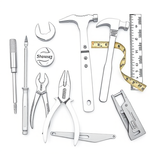 Create a detailed line drawing of various hand tools including two screwdrivers, a wrench, a hammer, pliers, a measuring tape marked 25', a triangle ruler, a hand saw, and a woodworking plane on a plain white background; shot with a Canon EOS R5 at f/8, ISO 100, 1/200s with a top-down view and a focus on sharp details for enhanced clarity.