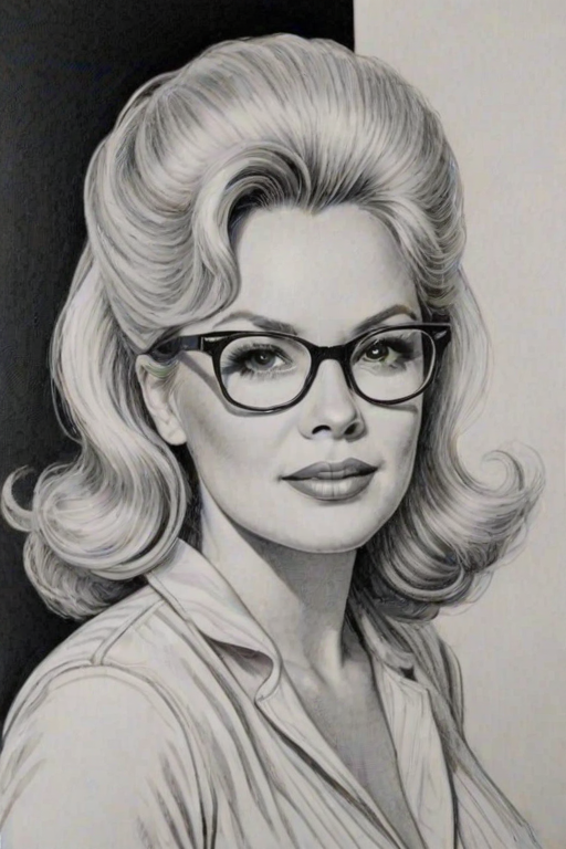 Attractive Renee Taylor, pencil sketch, portrait of Enchanting woman 1966s in glasses, hair style beatnik, outline, clear lines, fine lines, 8k
