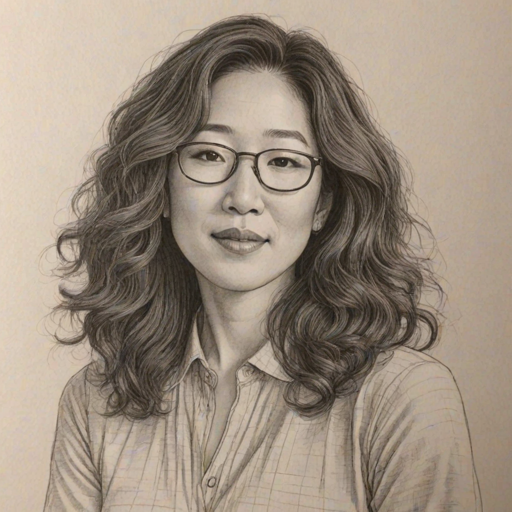 Alluring Sandra Oh, pencil sketch, portrait of Charming woman 1925s in glasses, hair style beatnik, outline, clear lines, fine lines, 8k