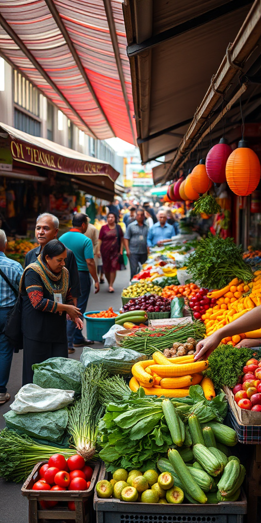 Market scene with vendors selling fresh vegetables and fruits, incorporating vibrant colors and busy atmosphere, shot with a Canon EOS R5, 50mm lens, f/1.8 aperture, ISO 200, 1/200s shutter speed, natural light with a slight haze for depth.
