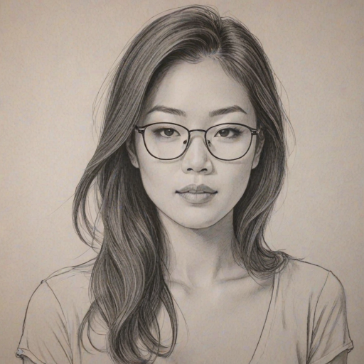 Alluring Arden Cho, pencil sketch, portrait of Lovely woman 1975s in glasses, hair style beatnik, outline, clear lines, fine lines, 8k