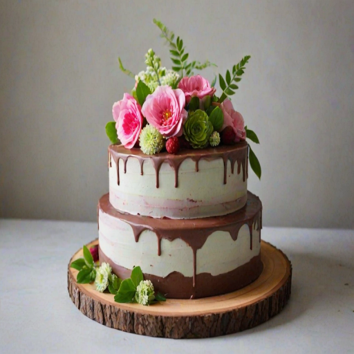 Create a three-tiered cake with a rustic wooden base. The bottom layer should be a rich chocolate flavor with a smooth chocolate ganache. The middle layer should be a light pastel green, resembling a matcha flavor, decorated with edible flowers. The top layer should be a vibrant pink, resembling raspberry, adorned with fresh berries and delicate floral arrangements. The overall look should be elegant and natural, with a touch of greenery and floral accents on each layer.