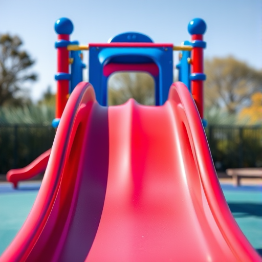 Generate a high-resolution image of a colorful playground slide, front view, with a bright blue and red color scheme, soft natural lighting, using a DSLR camera with a 50mm lens at f/2.8, ISO 100, and shallow depth of field to create a vibrant and clean background.