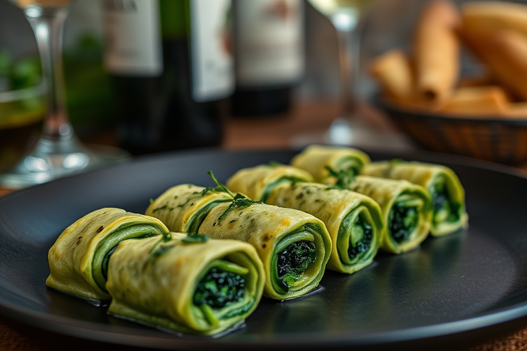 Capture a close-up shot of rolled spinach dishes on a dark plate, with a wine bottle and glass in the background, using a Canon EOS R5, aperture f/2.8, ISO 100, 50mm lens, with a shallow depth of field for a blurred background effect.