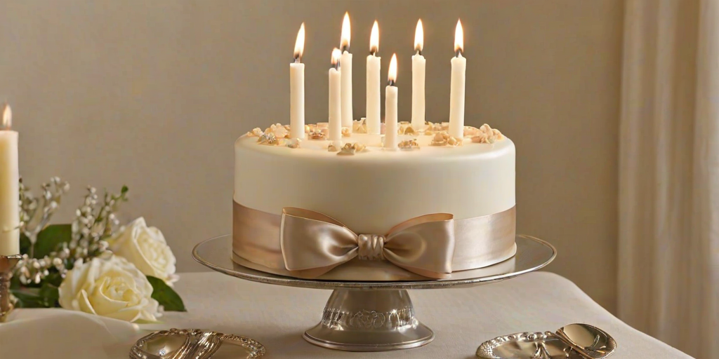 Create an elegant cake wrapped in a satin bow, featuring five lit candles on top. The cake should have a smooth, glossy finish and be displayed on a simple white pedestal. The background should be soft and neutral, enhancing the cake's sophisticated and celebratory appearance.