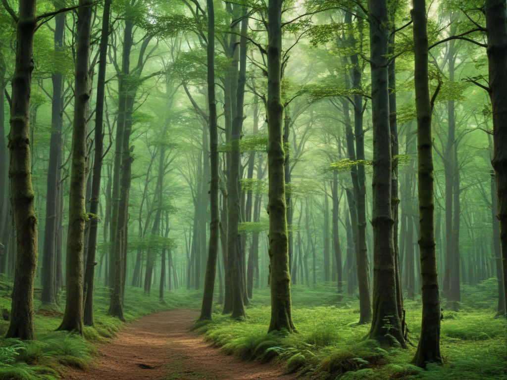Enchanting Green Forest Pathway Surrounded by Towering, Lush Trees and Fog