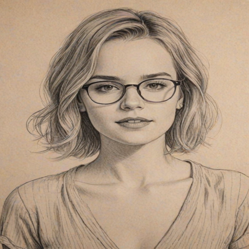 Graceful Bridgit Mendler, pencil sketch, portrait of Fetching woman 1928s in glasses, hair style beatnik, outline, clear lines, fine lines, 8k