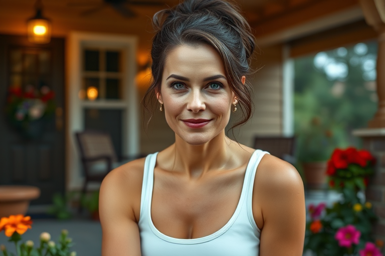 A photo of Reese Witherspoon with a background of a cozy porch. She has dark hair pulled back in an updo, with tendrils framing her face. She wears a white tank top and sits on the porch. The porch is part of a well-lit home with a warm, earthy tone and colorful flowers and foliage. The overall scene has a warm, welcoming, and comfortable ambiance.