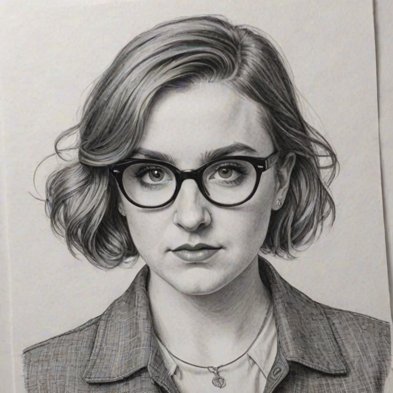 Alluring Lena Dunham, pencil sketch, portrait of Stunning woman 1921s in glasses, hair style beatnik, outline, clear lines, fine lines, 8k
