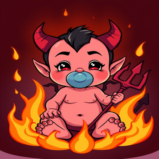 create a cartoon illustration of a playful devilish character baby sitting in flames wearing a pacifier and holding a trident with vibrant colors, shot with a DSLR at f/2.8, 50mm lens, natural light for enhanced sharpness and depth of field