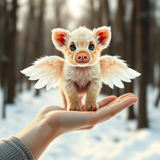 A cute pig with angelic wings standing on a human hand. The cub has a soft, fluffy texture with detailed fur, expressive blue eyes, and a curious expression. The wings are large and feathery, blending seamlessly with its fur, giving an ethereal appearance. The background is a winter forest, with the ground covered in snow and blurred brown trees, creating a serene atmosphere. The human hand in the foreground is positioned palm-up, supporting the lion cub gently, fingers slightly curled. The lighting is soft and diffused, enhancing the tender and magical feel of the scene. Colors are predominantly neutral with white, cream, and soft browns, contrasting with the subtle blue of the lion cub's eyes. The overall composition is balanced, with the cub at the center, creating a focal point that draws the viewer's attention immediately.