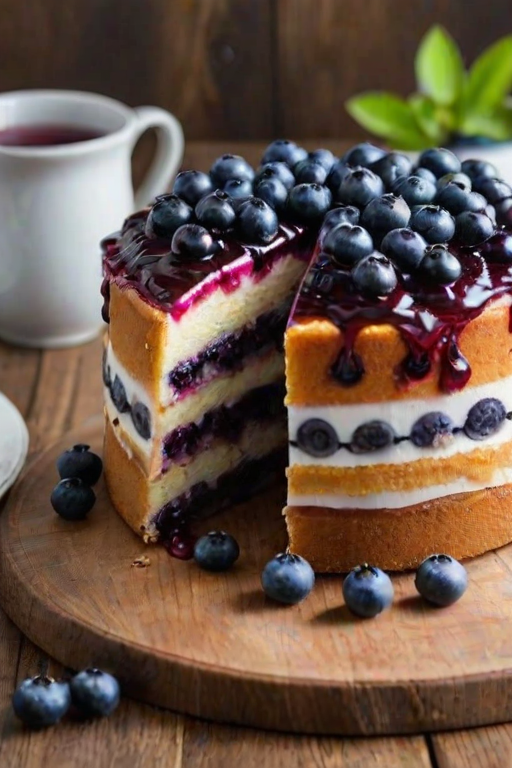 Create an image of a layered cake with multiple thin layers, filled with blueberry filling and topped with fresh blueberries. The cake is presented on a rustic wooden table with a simple, elegant setting. Include a small vase with colorful leaves and additional blueberries scattered around the table.