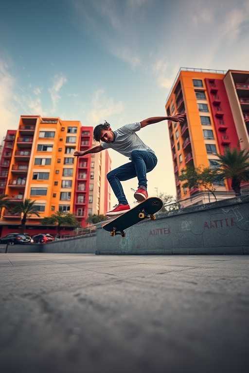 Create an image of a skateboarder performing a jump against a vibrant urban background, captured with a DSLR camera at 1/1000s shutter speed, f/2.8 aperture, ISO 400, in a low-angle perspective for dynamic impact and improved image quality.