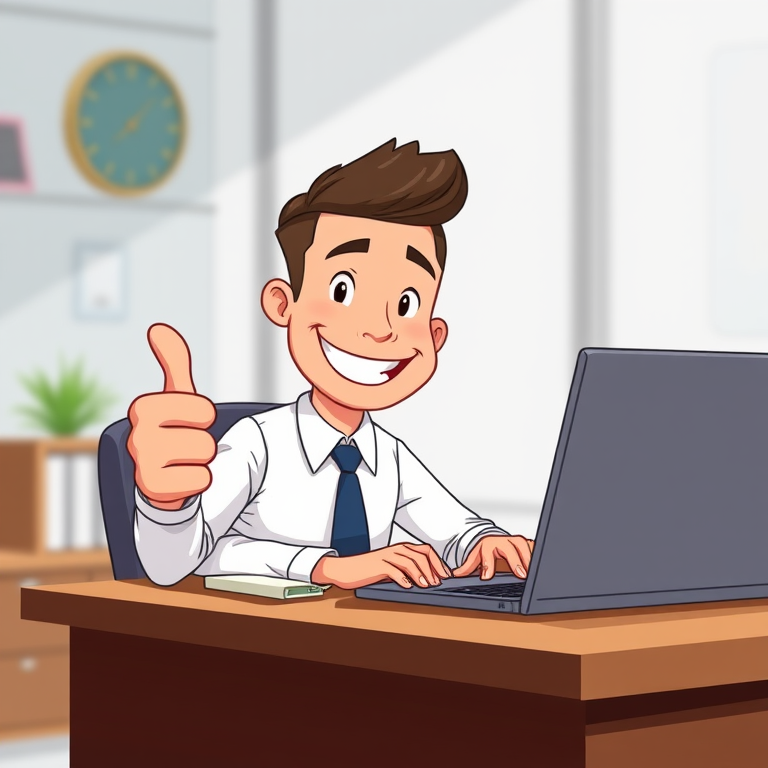 Create a digital illustration of a happy cartoon businessman giving a thumbs up while working on a laptop at a desk, use a high-resolution setting with 300 DPI, employ a soft focus background for depth, and simulate a lens aperture of f/4 to enhance clarity.