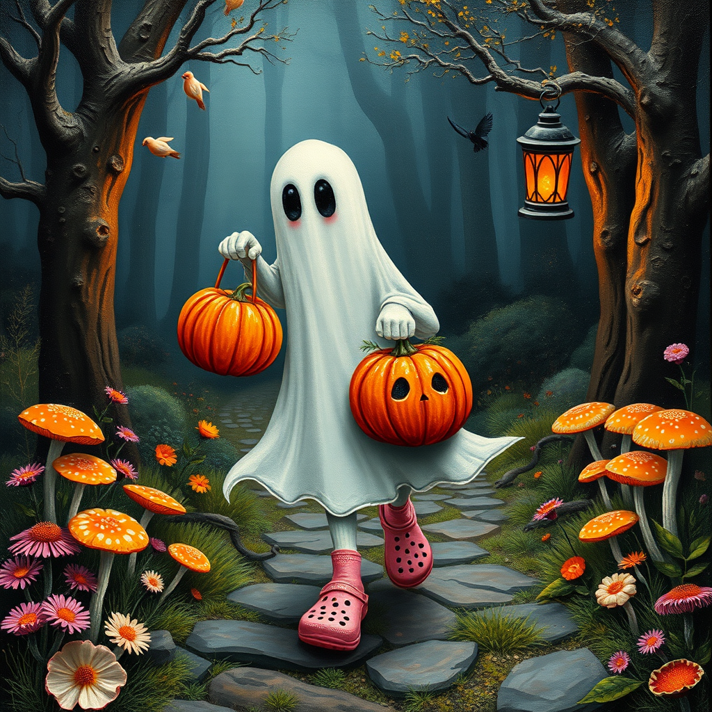 whimsical acrylic and oil painting, 3D, of a ghost, walking and carrying an orange pumpkin bucket and a lantern in the other hand, with bright pink croc shoes, background path in the enchanted forest, wildflowers, colorful mushrooms misty hues of black and orange with bright gold glitter, ultra detailed..Inspired by a prompt from another group