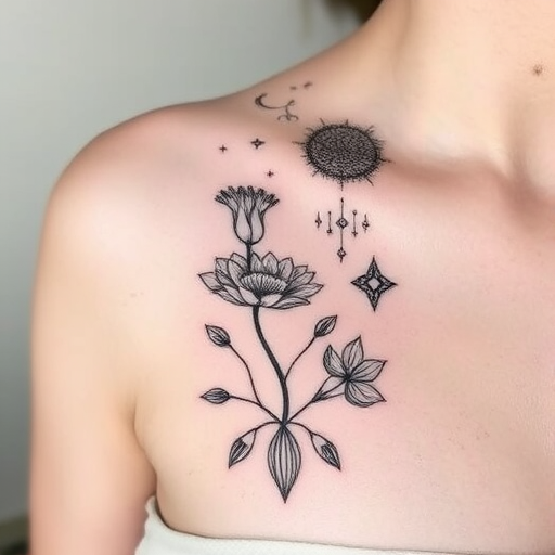 Fine line tattoo titled "Whispered Secrets" featuring delicate, minimalist linework creating intricate botanical illustrations and celestial motifs, with subtle shading and negative space enhancing the ethereal quality of the design
