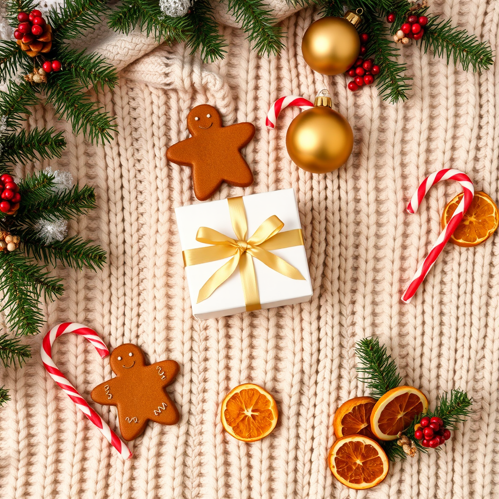 Create a cozy holiday-themed flat lay featuring a knitted beige blanket with decorative elements such as gingerbread cookies, a white gift box with a gold ribbon, a golden bauble, red and white candy canes, miniature pine trees, and dried orange slices arranged neatly to evoke a warm festive atmosphere.