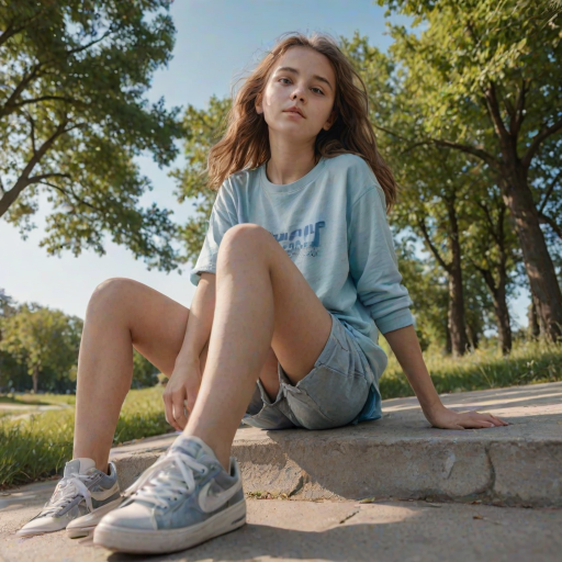 Generate an ultra-realistic, highly detailed, high-definition photograph. It's a photo of a girl sitting on the floor. She's looking at the horizon. The photo is taken from the bottom up, at ground level. The girl's sneakers are in the foreground, in the center of the scene. The girl is wearing light clothes, a t-shirt and short shorts. The sky is blue. Bright environment. The background is a blurred image of a park.