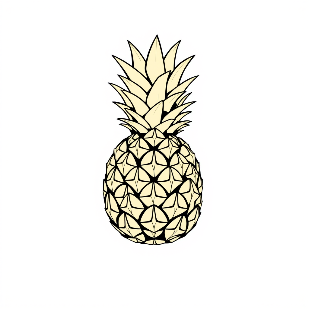 Create a high-resolution illustration of a pineapple with clear, defined lines against a white background, using a DSLR camera with a 50mm lens, aperture set to f/8 for sharp detail, ISO 100 for minimal noise, and a slight overhead angle for a dynamic view.