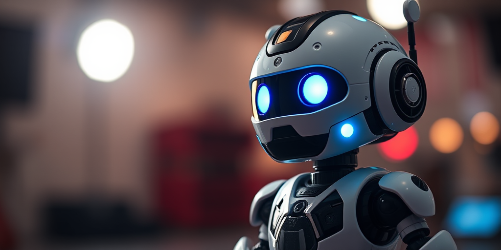 Create a high-resolution image of a cute, futuristic robot with glowing blue eyes, standing in a well-lit studio environment, captured using a DSLR camera with a 50mm lens at f/1.8, ISO 100, and a soft-focus background to enhance subject clarity and detail.