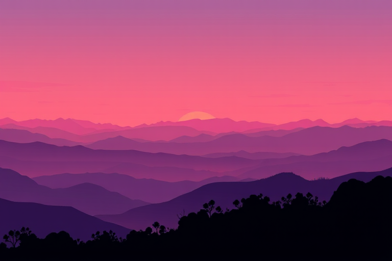 Create a serene landscape illustration featuring layered mountains in soft purple hues at sunrise, with a silhouette of dense shrubbery in the foreground; camera settings: f/8, ISO 100, 1/200s; camera view: wide-angle; camera style: HDR; camera type: digital SLR.