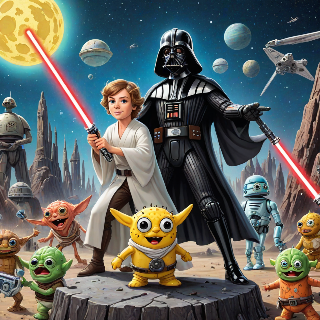 Create a parody of the Star Wars poster with SpongeBob as Luke Skywalker, holding a glowing spatula like a lightsaber. Patrick Star takes the role of Han Solo, holding a blaster, while Squidward is Obi-Wan Kenobi, draped in robes. In the background, Plankton appears as Darth Vader, with Bikini Bottom’s landmarks reimagined as spaceships and planets. The iconic Star Wars logo is swapped for "Sponge Wars," creating a playful, sci-fi adventure scene.