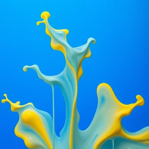 Create a high-resolution abstract image featuring swirling blue and yellow fluid shapes against a solid blue background, captured with a Canon EOS R5 camera at f/8, ISO 100, and a shutter speed of 1/125 sec, using a macro lens for enhanced detail and vibrant colors.