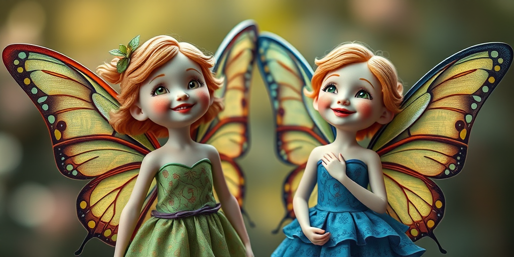 Create a hyper-realistic image of two fairy-like figures with butterfly wings, one wearing a green patterned dress and the other in a blue one, captured in vibrant colors using a DSLR camera, 50mm lens, f/1.8 aperture, ISO 200, with a soft focus background to enhance details and emphasize the figures' joyful expressions and the intricate designs of their wings.