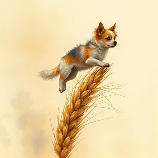 Soft, muted Alcohol Ink with ebru effect background image of tiny whimsical dog, who climbed high on the top of a golden rye ear.