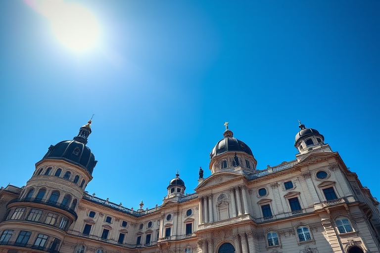 A majestic historical building against a bright blue sky, captured from a low angle with a 24mm lens, f/8 aperture, ISO 100, using a DSLR camera for high resolution and clarity.