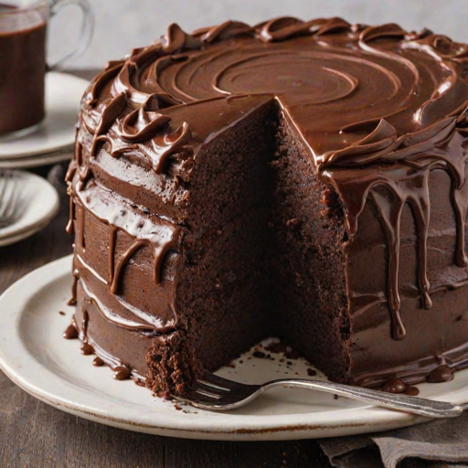 Create an image of a rich chocolate cake with a glossy chocolate frosting. The cake should be round and layered, with a slice cut out to reveal its moist interior. The setting should have a light, inviting background, with a simple plate and fork nearby.