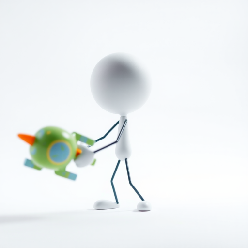 A 3D stick figure character playfully holding a toy, bright white background, soft diffused lighting, camera type: DSLR, camera lens: 50mm f/1.8, aperture: f/2.8, ISO: 100, shutter speed: 1/200s, focus on character with shallow depth of field.