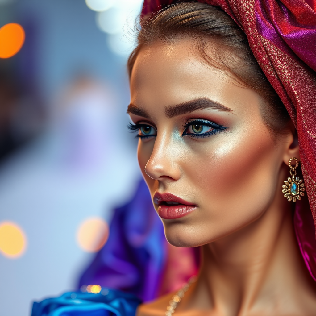 Runway capture, a beautiful model, vibrant colors, metallic textures, high fashion editorial , a 100mm macro lens to get extreme close-ups of intricate details like fabric stitching, accessories, or makeup artistry