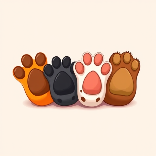 Create a high-resolution digital illustration of four cartoon cat paws in a row, featuring an orange paw, a black paw, a white spotted paw, and a brown paw on a solid background, using a Canon EOS R5 camera with a 50mm f/1.2 lens, ISO 200, aperture f/4, and a focus on vibrant colors and sharp details.