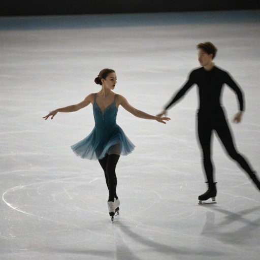 Blurry action shot of a figure skater spinning on the ice, their silhouette captured in motion, distant spectators watching in awe, soft light from arena spotlights reflecting off the ice, and the sound of blades cutting through the rink.