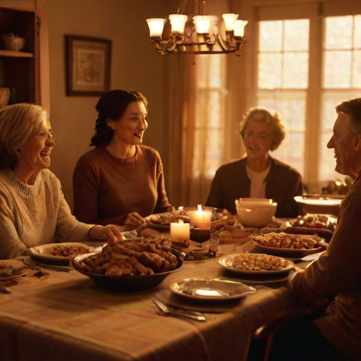 Warmly lit photo of a family gathered around a Thanksgiving table, soft glow from candles casting warm shadows, with the smell of roasted turkey and pumpkin pie filling the air.