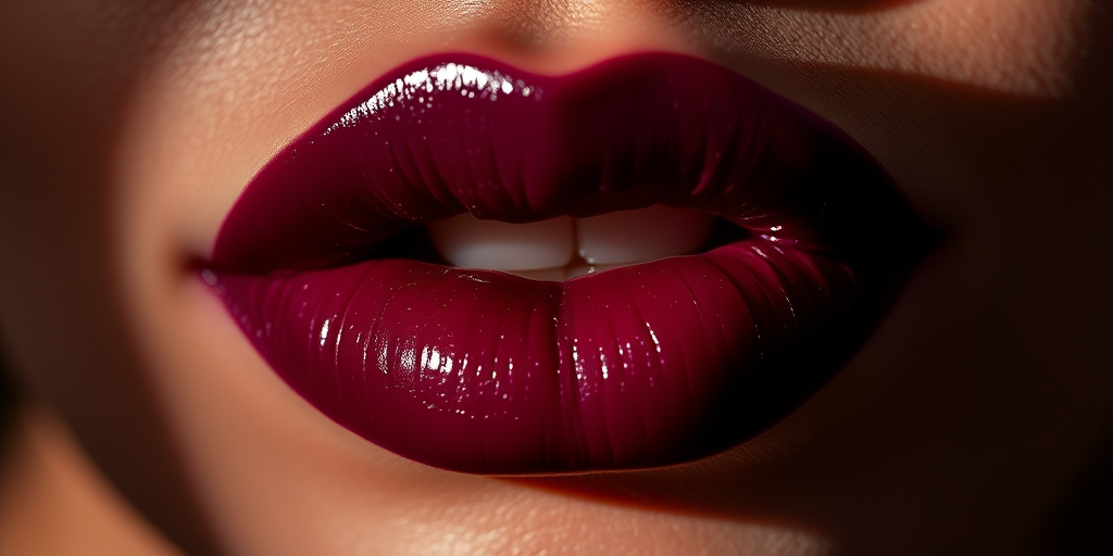 Captivating shot of deep plum lips with a velvet finish, accentuating rich pigmentation and smooth application, photographed in dramatic lighting
