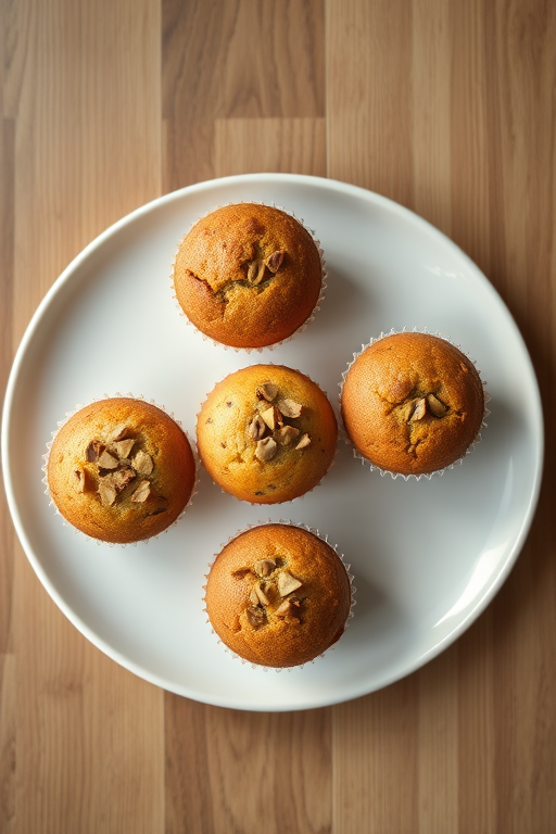 high-quality image of a round plate with freshly baked muffins arranged neatly on it, natural lighting, 50mm lens, aperture f/2.8, ISO 200, top-down view, DSLR camera