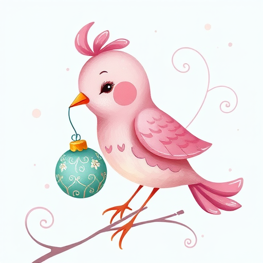 create a whimsical illustration of a pink bird holding an ornament in its beak, with decorative swirls and patterns, set against a soft pastel blue background, using a digital drawing style, high resolution, with a focus on sharp details and vibrant colors, simulating a DSLR camera effect with a shallow depth of field, 50mm lens, f/1.8 aperture, ISO 100