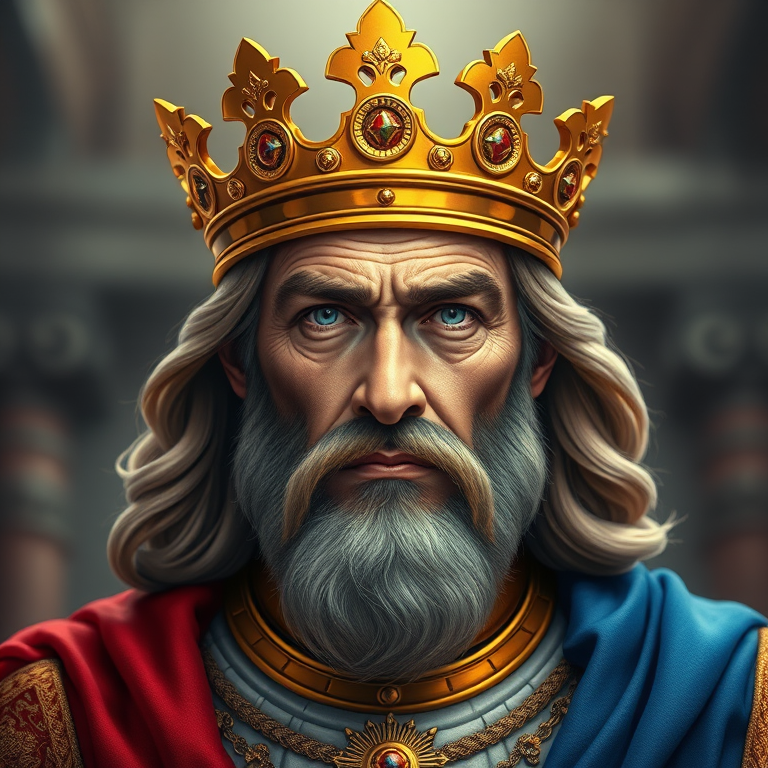 Create an illustration of a majestic king with a golden crown, wearing royal robes, front view, high detail, vibrant colors, with a blurred background to enhance focus, captured with a DSLR camera at f/1.8 aperture, ISO 100, and a shutter speed of 1/200 sec, using a portrait lens.
