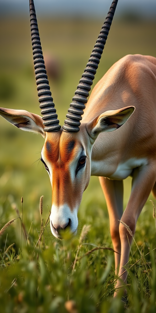 a close-up shot of an oryx grazing in a lush green field, captured with a Canon EOS R5 camera, 85mm f/1.8 lens, ISO 200, shutter speed 1/200 sec, natural light, shallow depth of field for a soft background, vibrant colors and sharp details