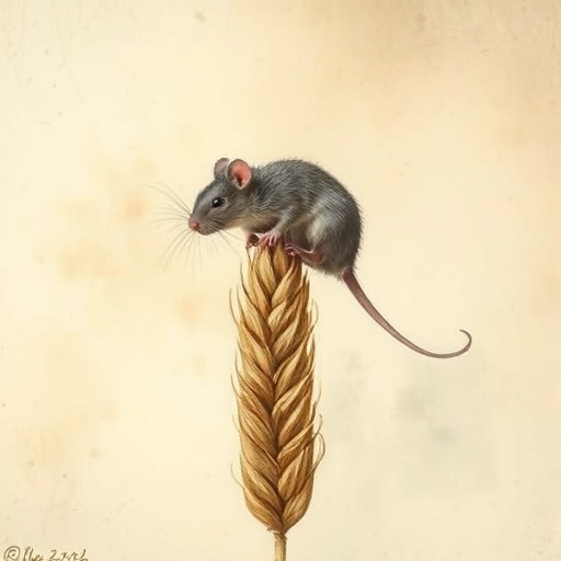 Soft, muted Alcohol Ink with ebru effect background image of tiny whimsical rat, who climbed high on the top of a golden rye ear.
