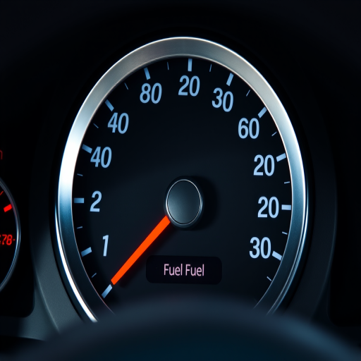 Create a high-resolution image of a fuel gauge showing a low fuel level, close-up view, natural lighting, 50mm lens, aperture f/2.8, ISO 100, DSLR camera.